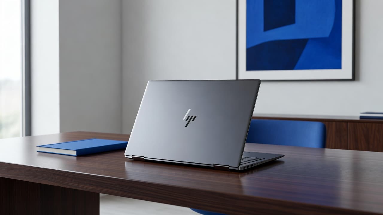 HP Laptop Review: Which Models Still Stand Out? 1 A premium metallic laptop sits on a dark mahogany desk within a minimalist office. Vibrant blue accents from a nearby notebook contrast with soft sunlight filtering through the large window.