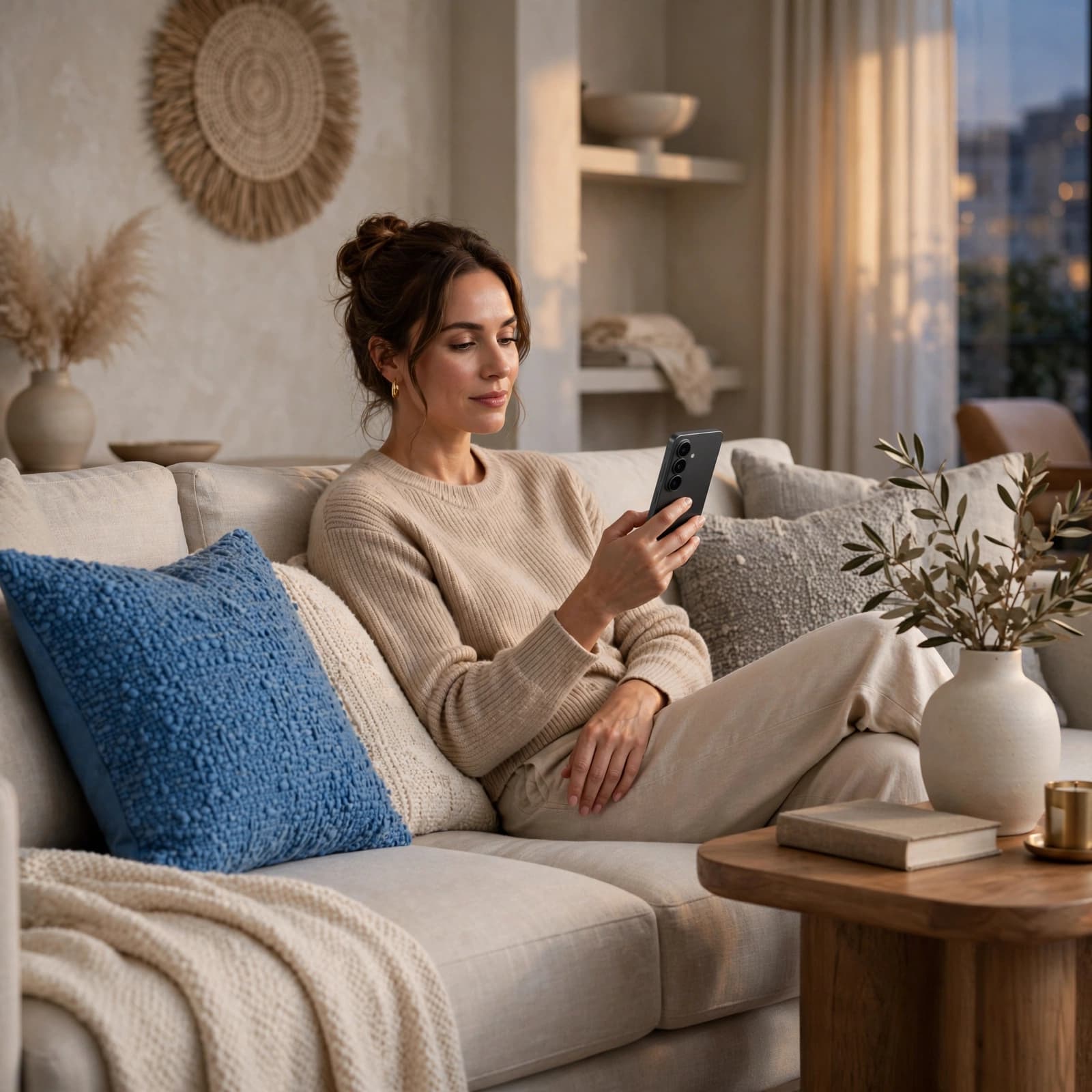 A woman relaxes on a modern sofa in a living room while using her smartphone.