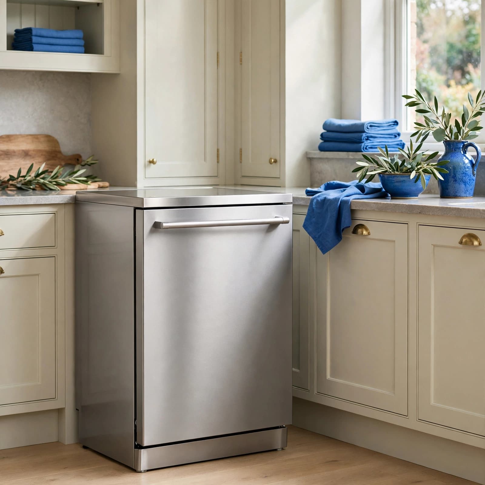 A stainless-steel dishwasher stands in a modern kitchen with pale cabinetry and blue accents.
