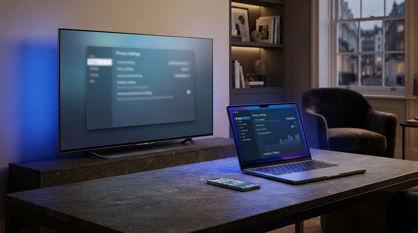 Television and laptop with a smartphone on a blue-lit office desk.
