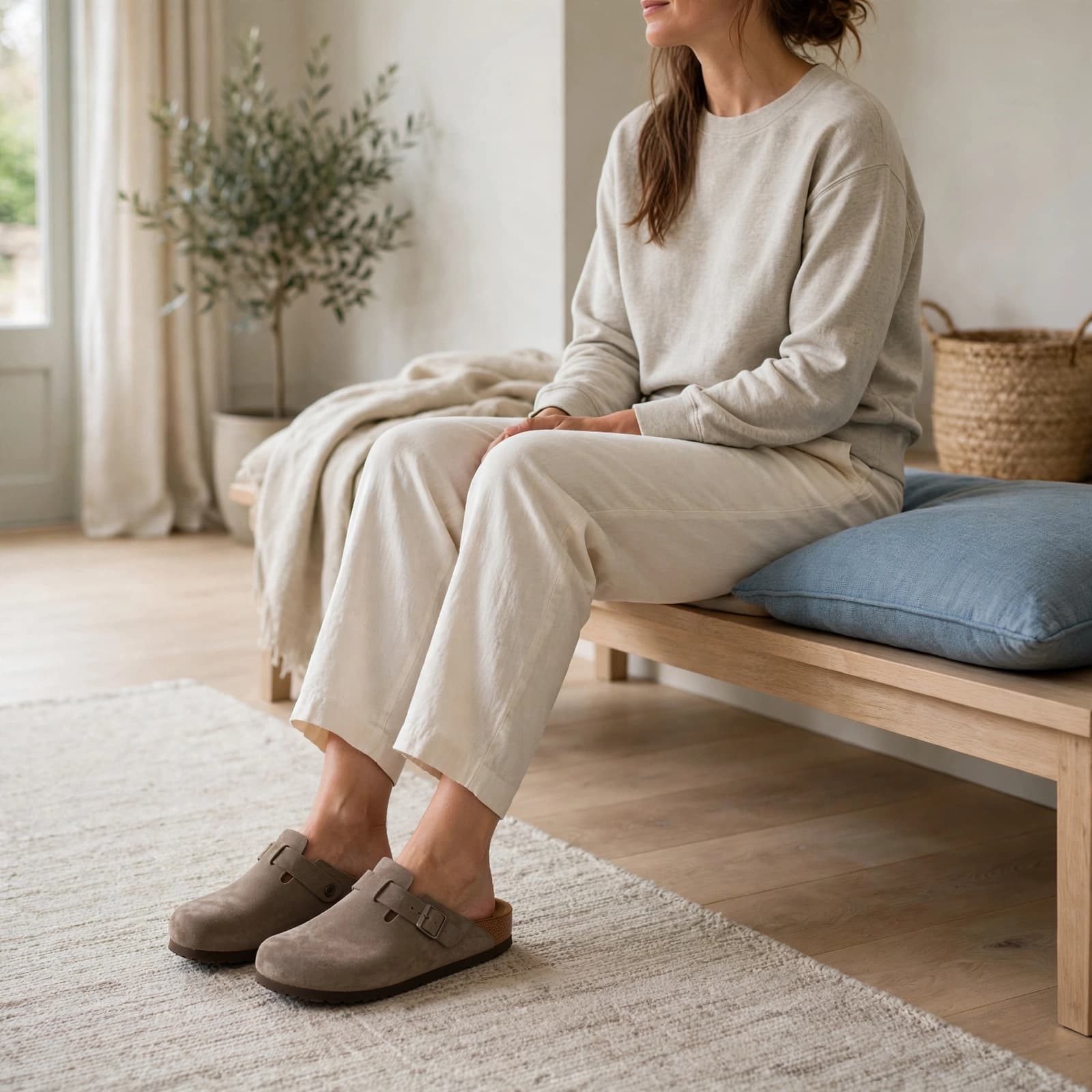 A woman wearing suede clogs is seated comfortably on a wooden bench inside a bright, modern home.
