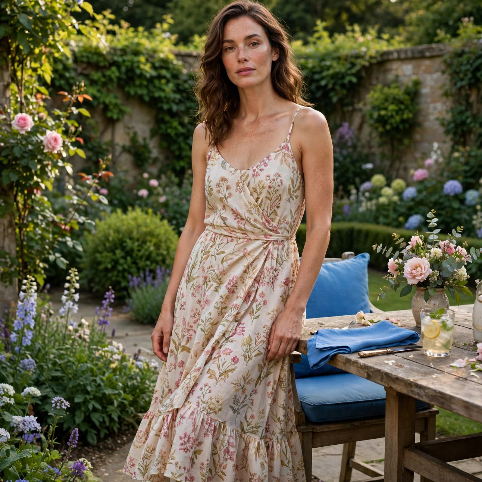 A woman in a floral summer dress stands in a lush garden next to a wooden table.