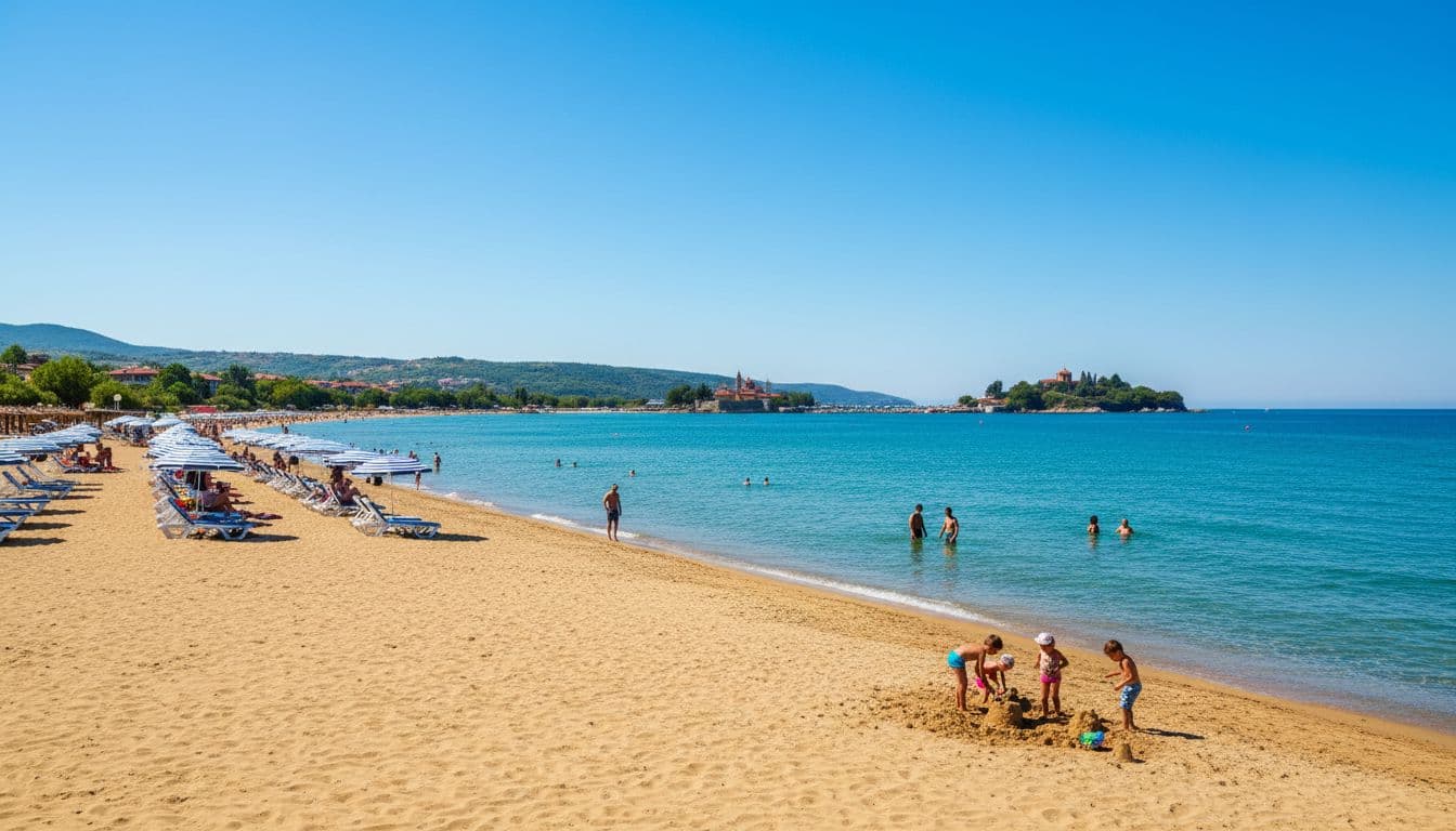 Bulgarian Black Sea beach near Sunny Beach with golden sand and turquoise water