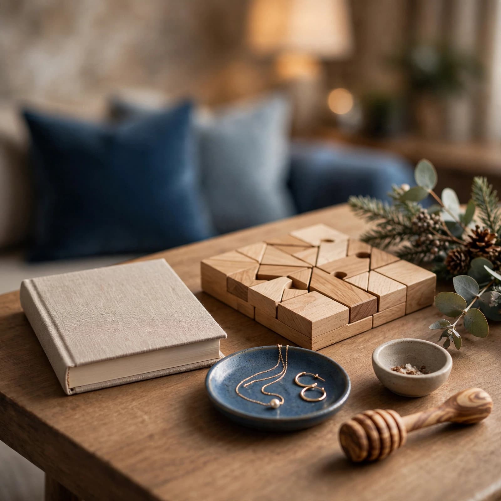 A book, wooden puzzle, jewellery, and cooking accessory arranged on a side table.
