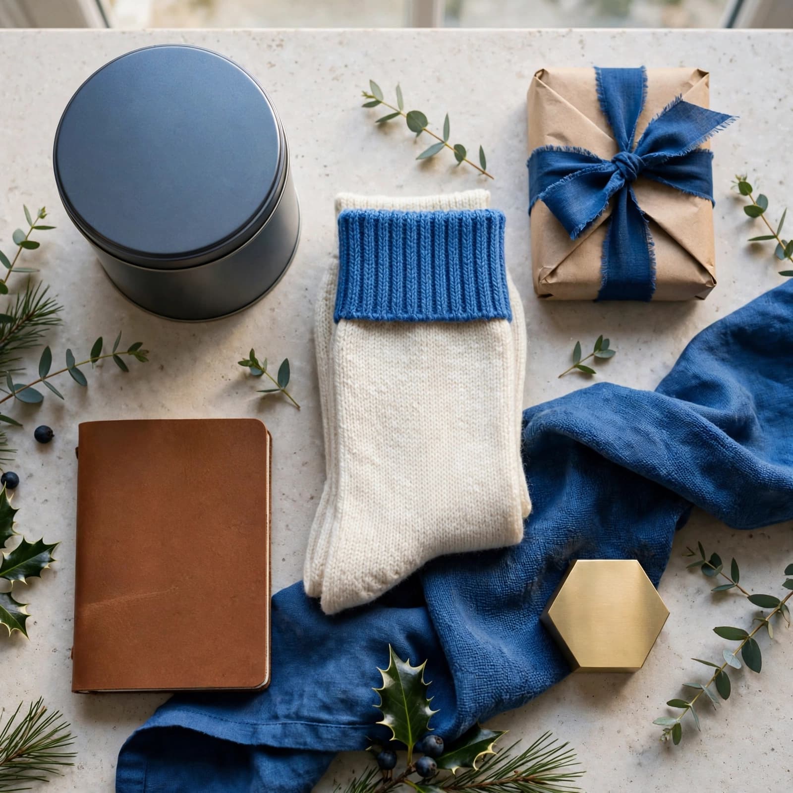 Tea, chocolate, socks, a notebook, and a desk accessory arranged on a pale stone table.