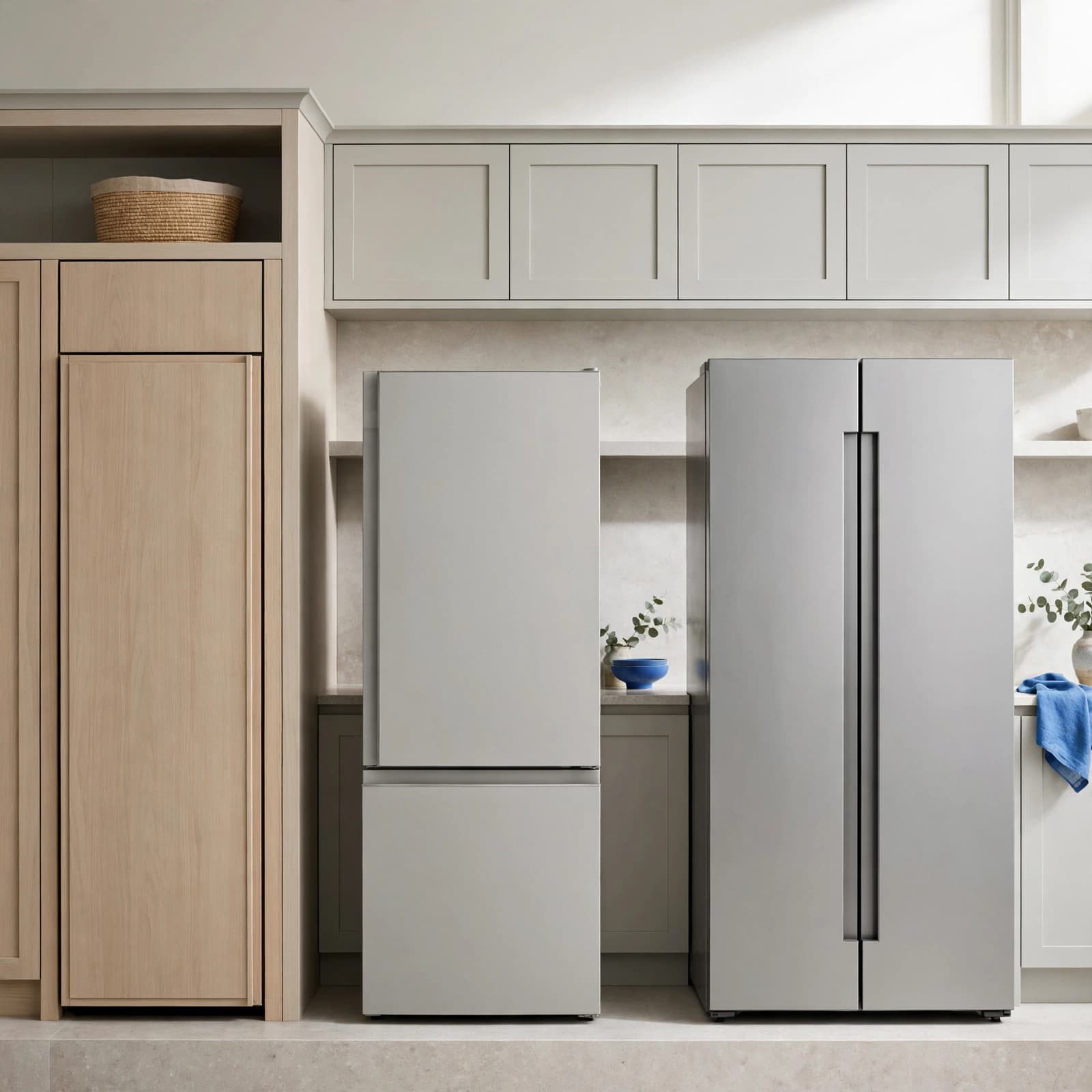 Currys Fridge Freezer Review: Is It Worth Buying? 1 A modern kitchen showing three different fridge-freezer formats against pale stone surfaces.
