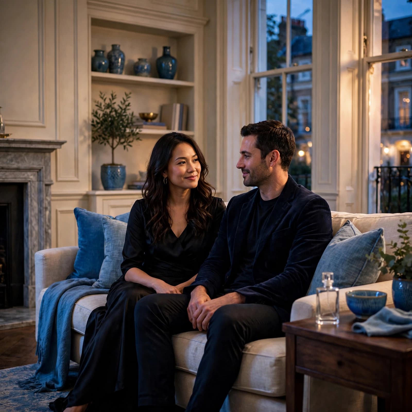 A well-dressed couple sitting on a sofa in a luxurious living room.