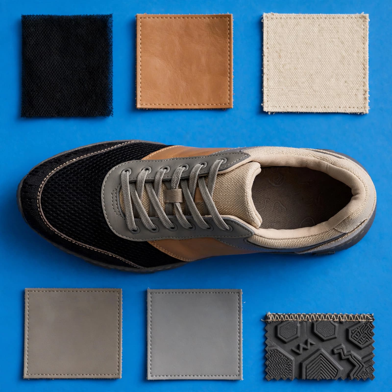Women's Trainers: A UK Buyer's Guide to Fit and Value 2 Women's trainers and material swatches arranged on a blue surface show different textures and tread details.
