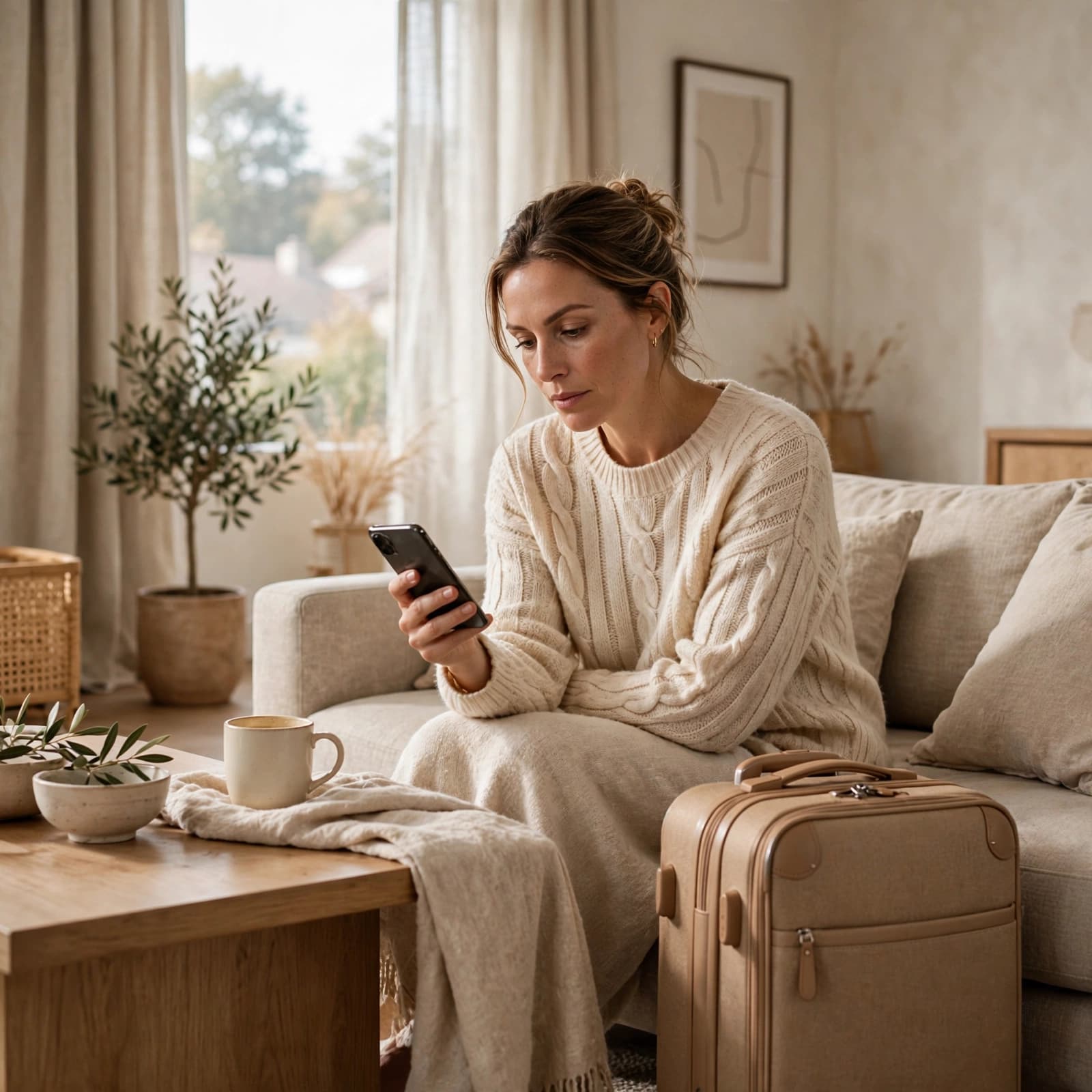 A woman sits on a beige sofa in a modern living room, looking at a smartphone.