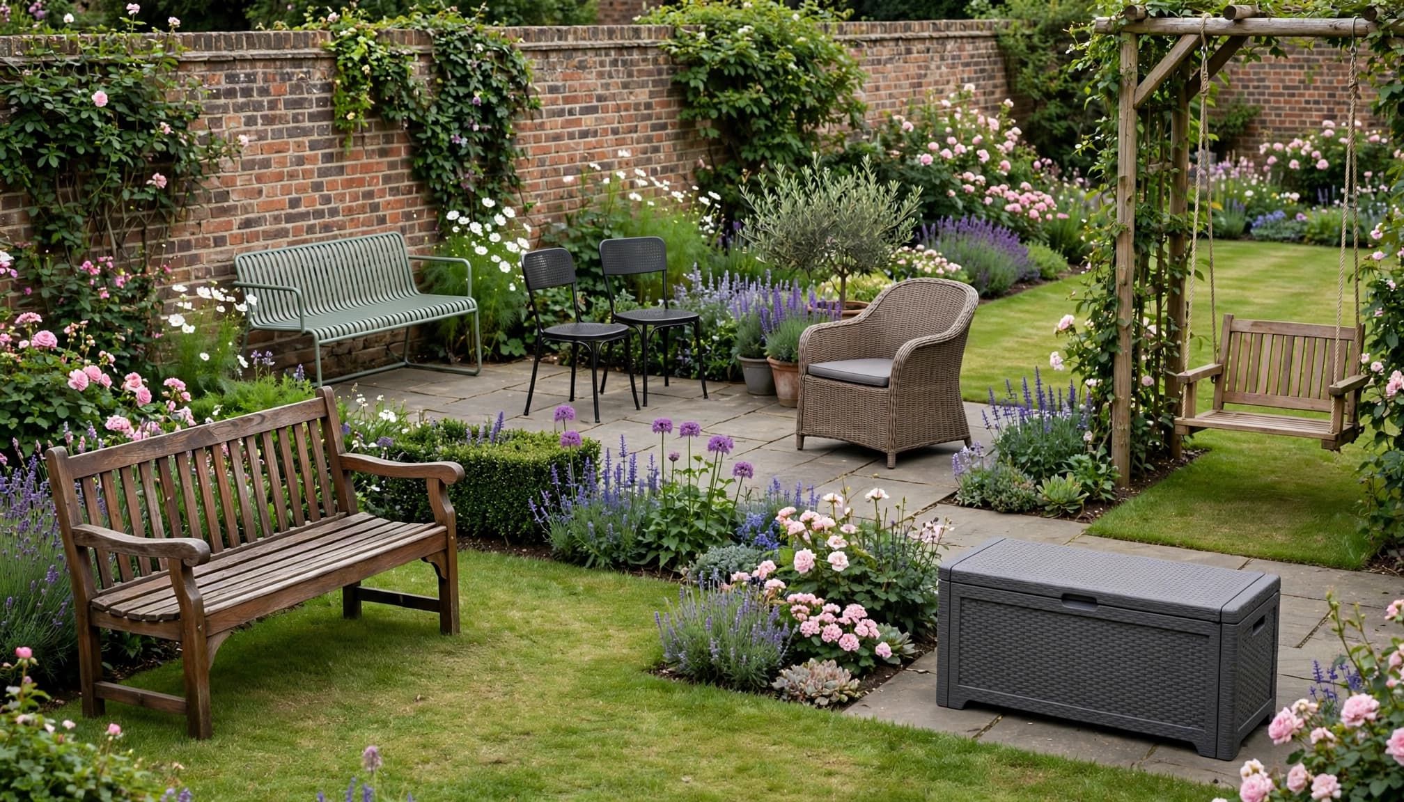Different garden benches, chairs, and a swing arranged on a tidy UK lawn and patio.