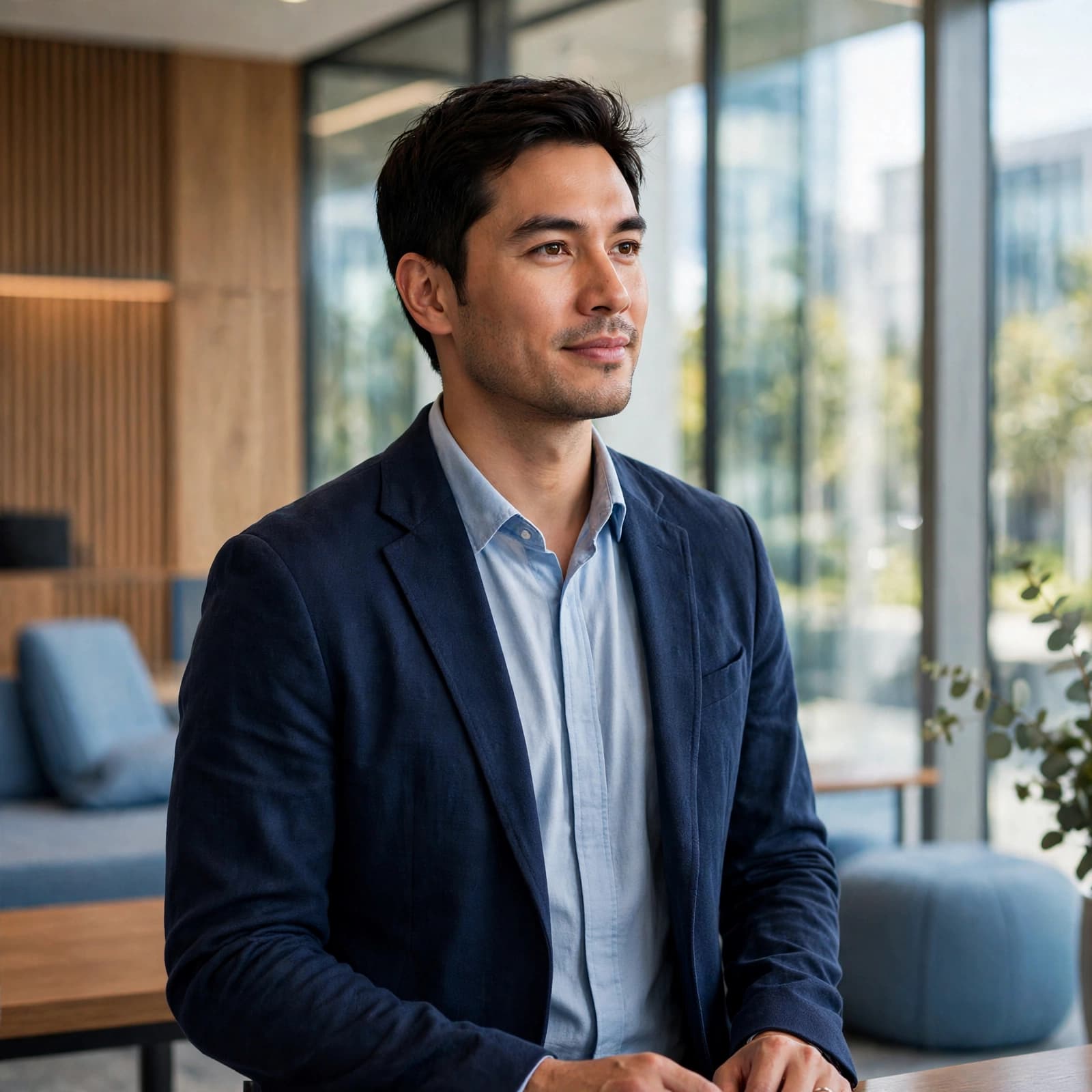 A neatly dressed man stands by a window in a bright, modern office lounge.