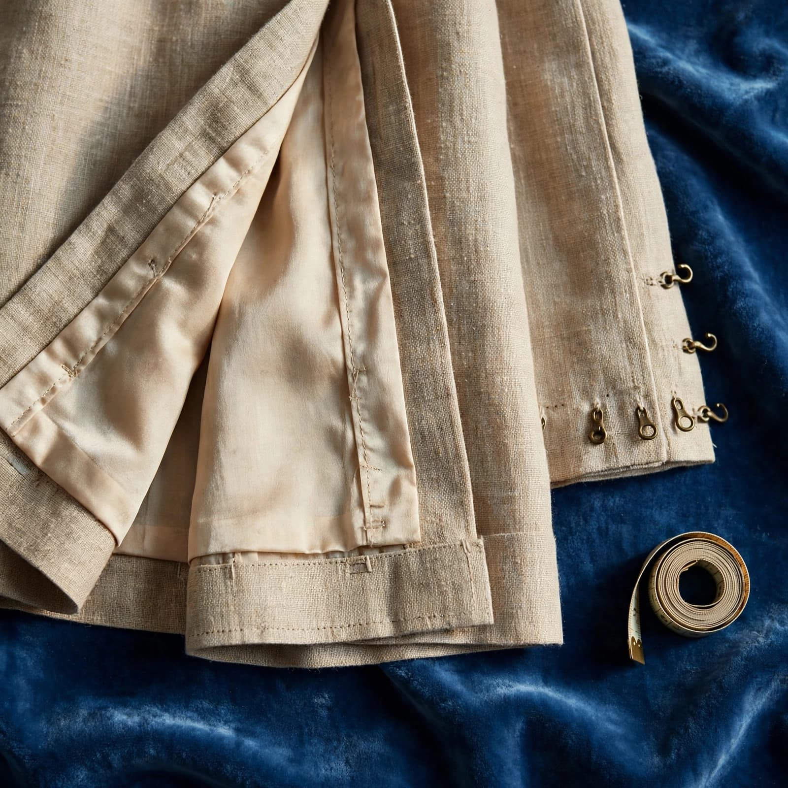 A vintage dress and measuring tape on a blue surface, showing its seam, hem, and fabric.