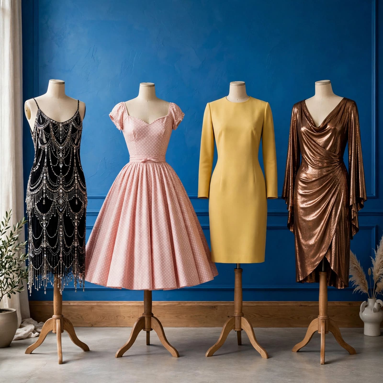 Four vintage-style dresses on forms stand against a vivid blue wall.