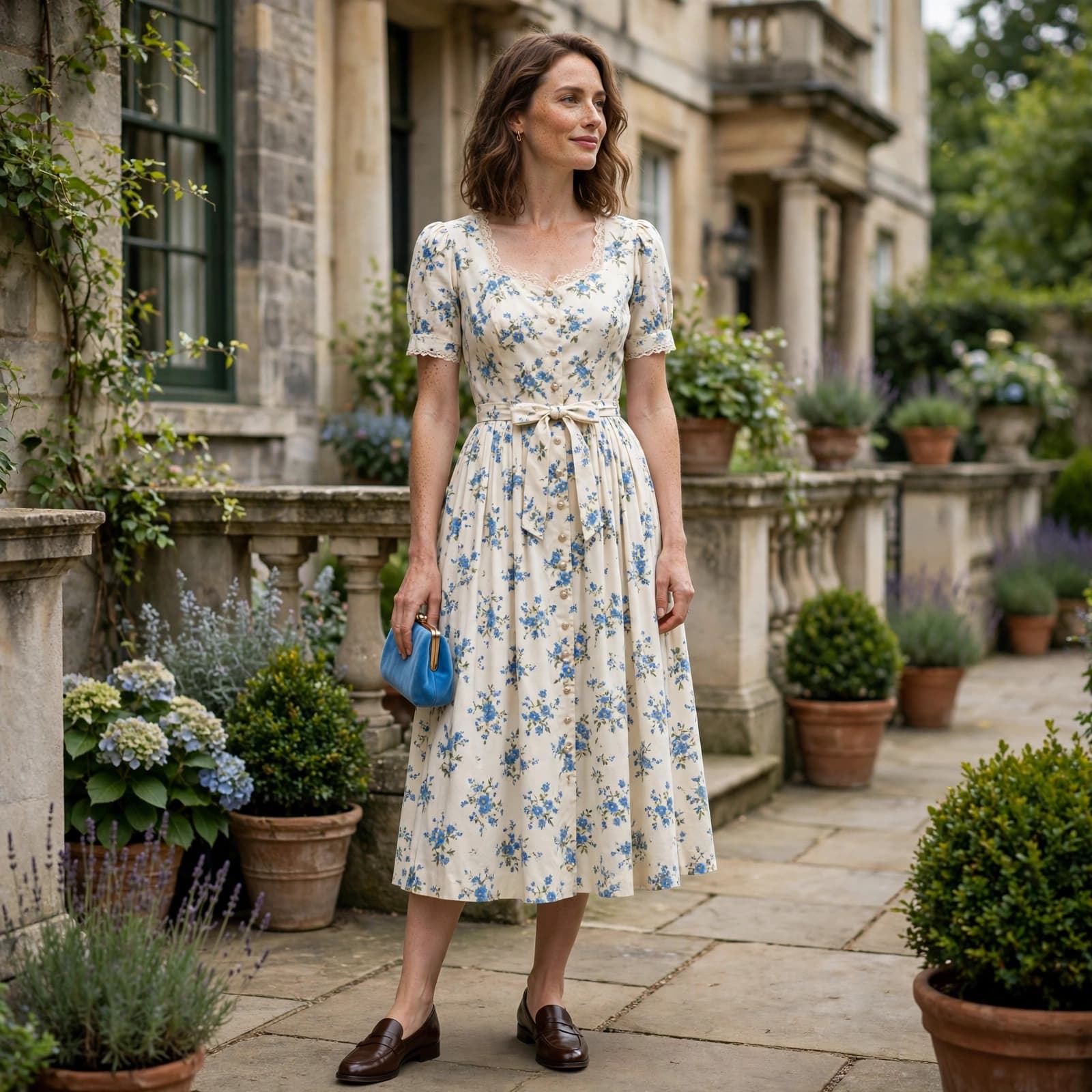 A woman in a vintage midi dress and practical shoes stands on a garden terrace.