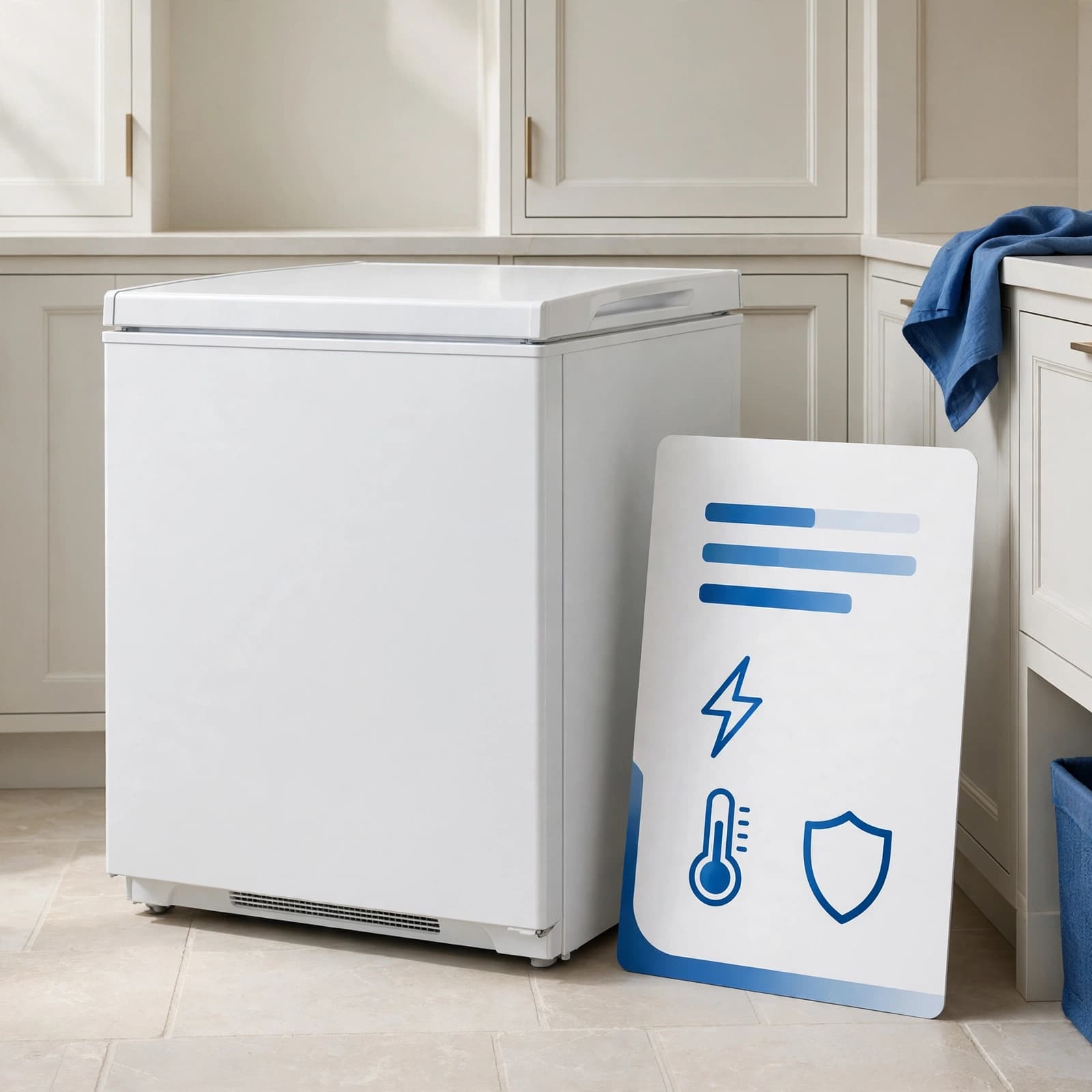 A modern white chest freezer with an energy information card next to it in a bright utility room.