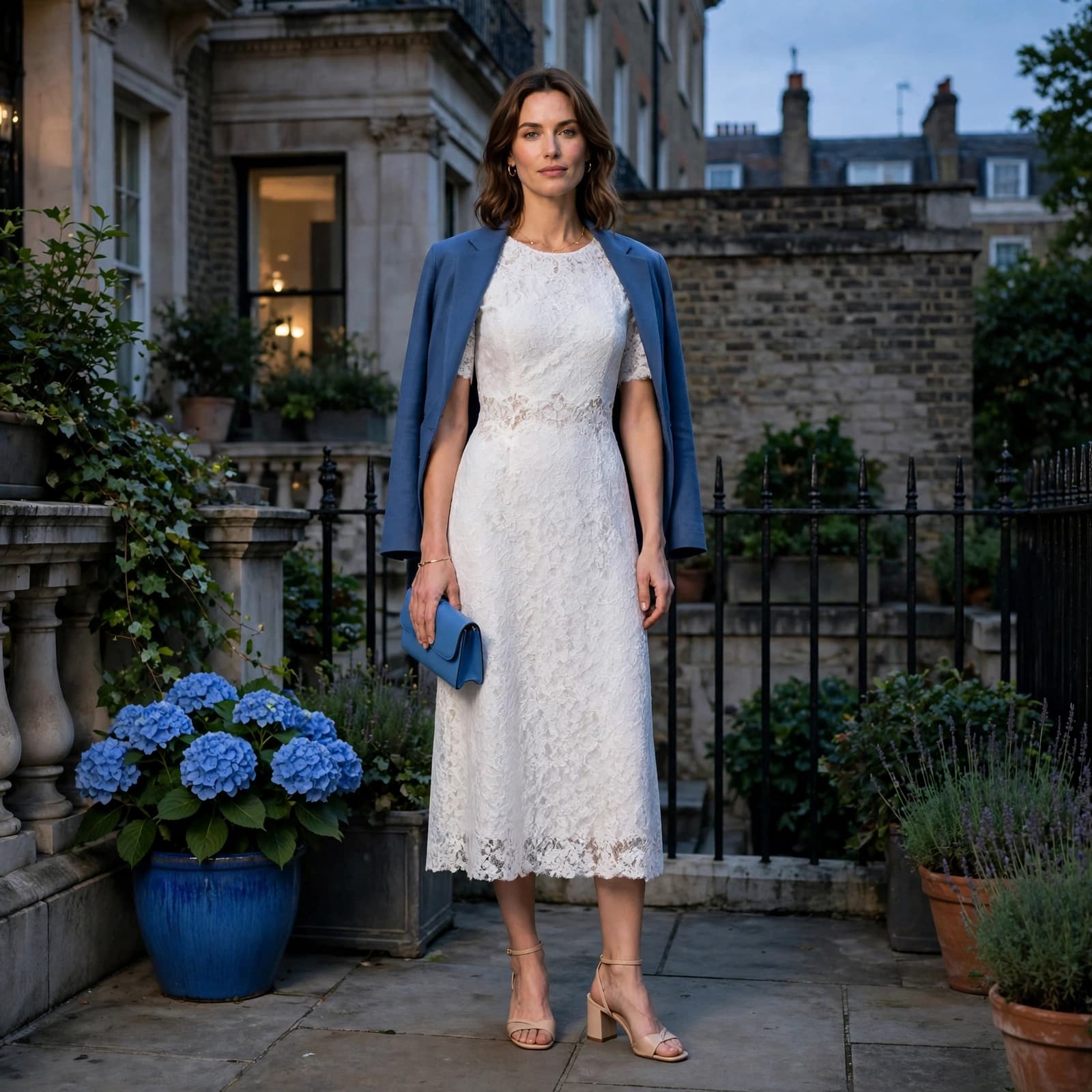 A woman in a white lace dress and blue jacket stands on a terrace at dusk.