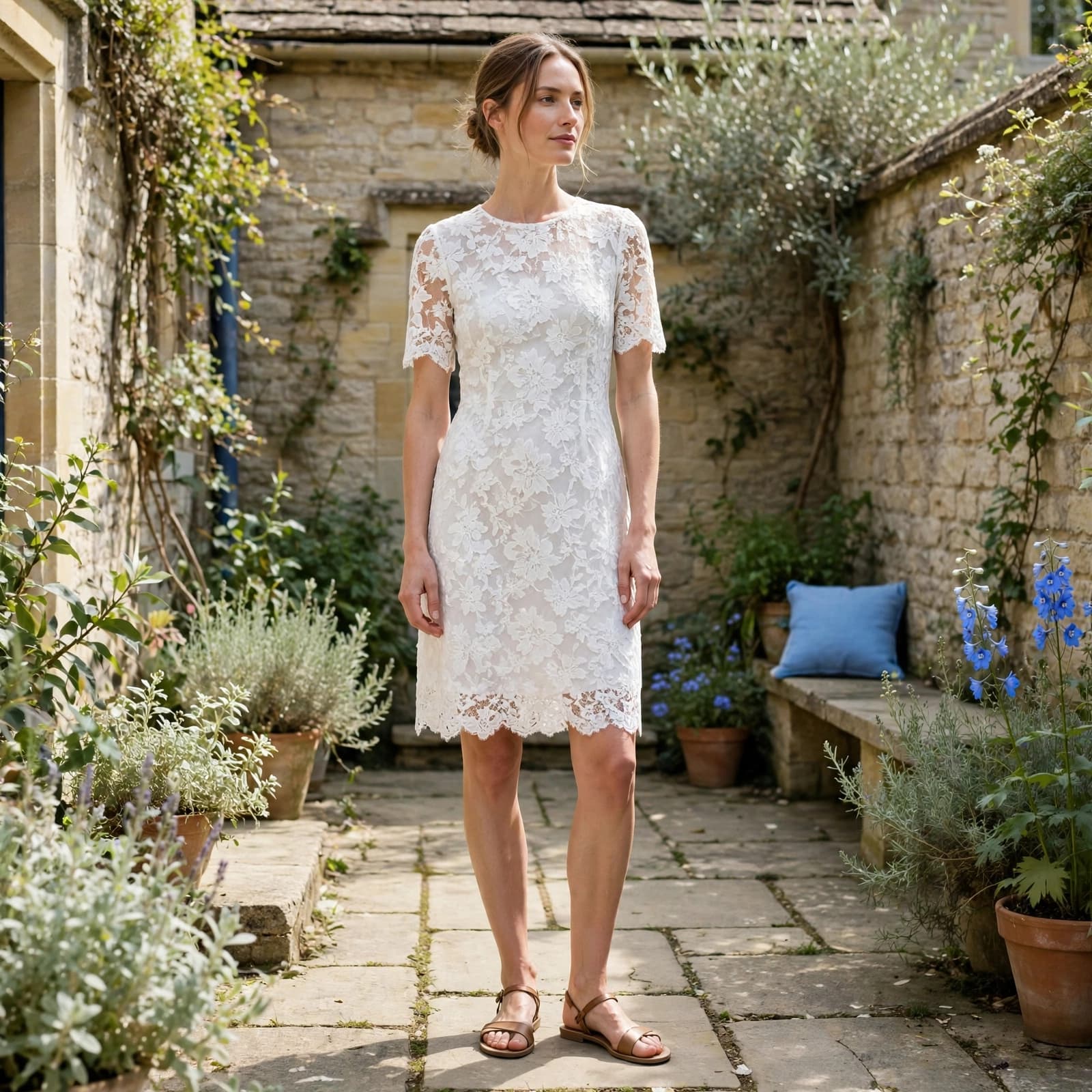A woman in a white lace dress stands in a sunny stone garden.