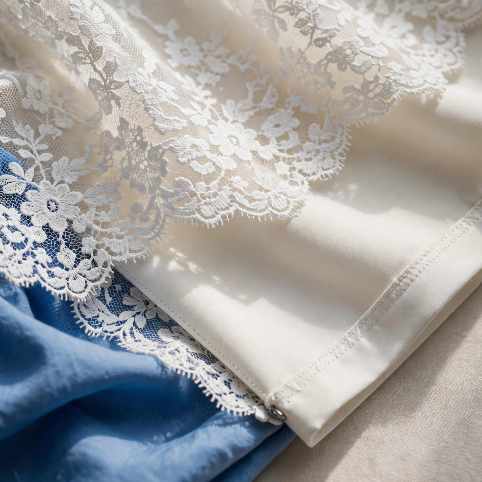 White floral lace covers a smooth lining beside a neat seam and blue fabric.