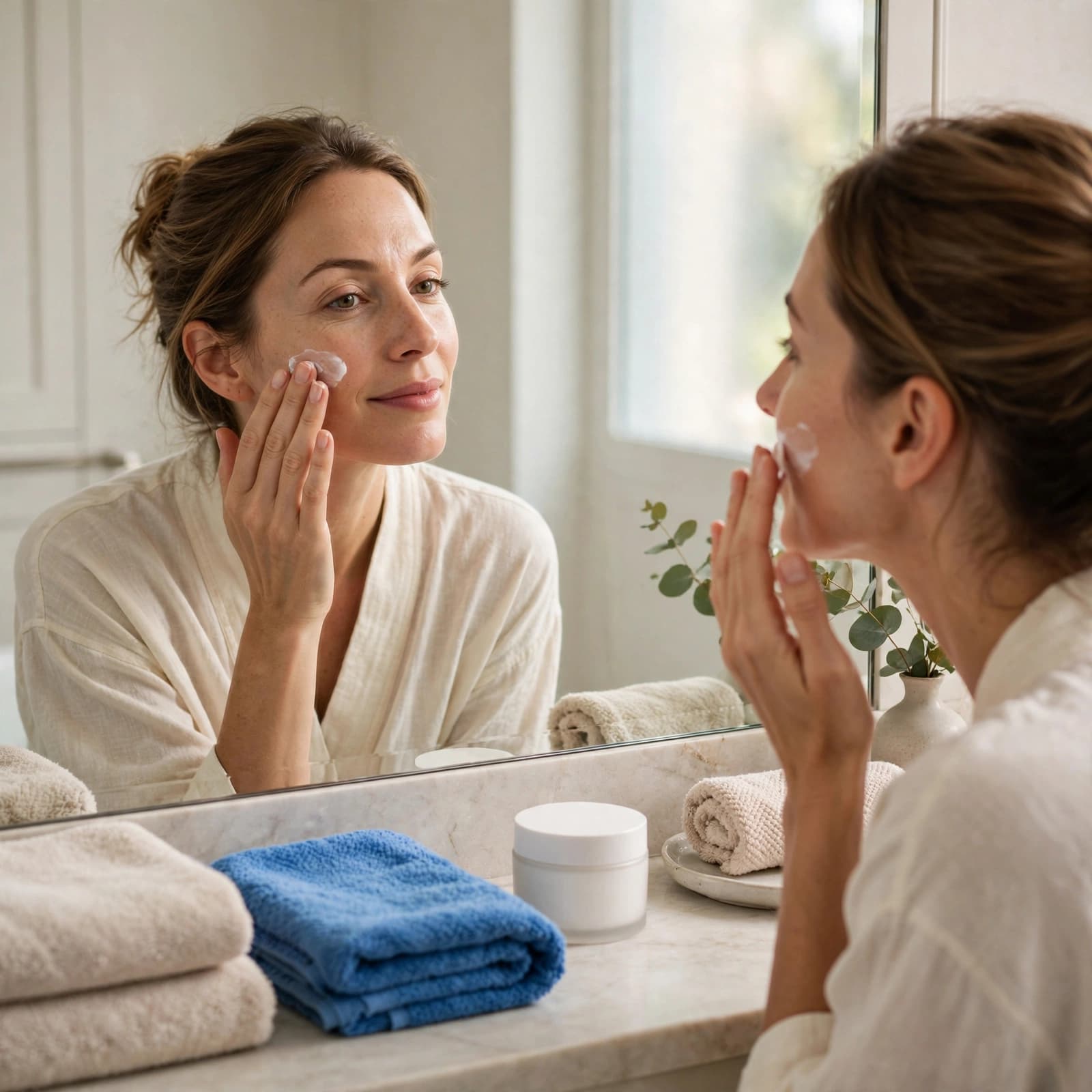 Clinique Moisturiser: Which Formula Is Worth Buying? 1 A woman applies moisturiser beside a white jar in a softly lit bathroom.