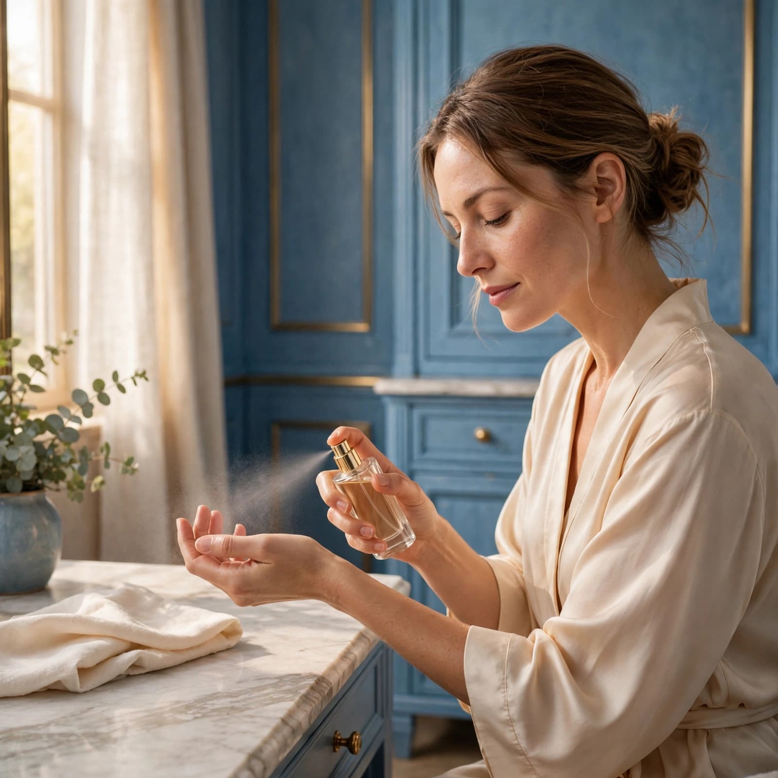 A woman in a silk robe sprays perfume onto her wrist in a blue dressing room.