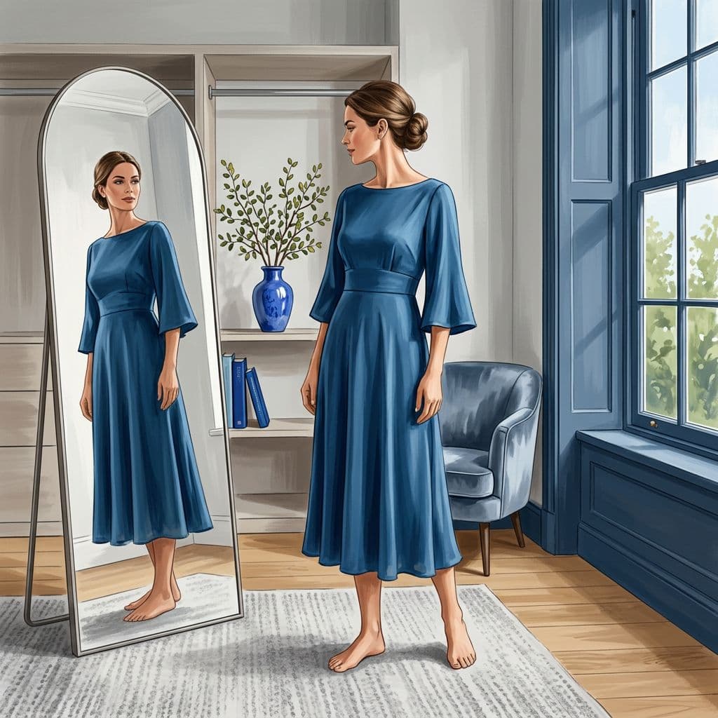 An illustration of a woman in a blue dress looking in a tall mirror.