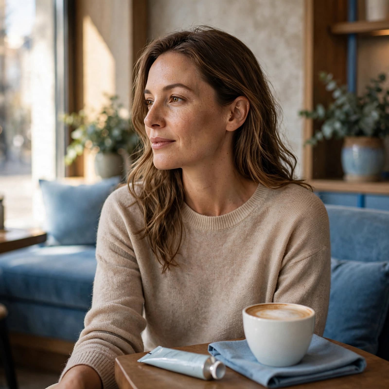 Moisturiser for Dry Skin: A Practical Buyer's Guide 2 A woman relaxes at a café table with a cup and closed hand-cream tube nearby.