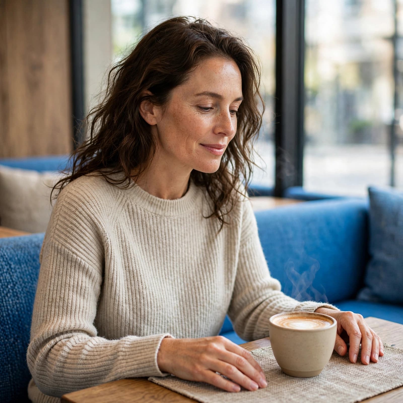 Face Moisturiser Buying Guide: Choose for Your Skin 2 A woman with wavy hair seated at a cafe table with a steaming hot drink.