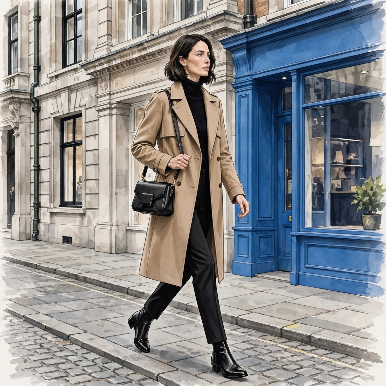 Jacquemus Bag Review: Is the Design Worth the Price? 2 An illustration of a woman in a trench coat walking past a blue storefront.
