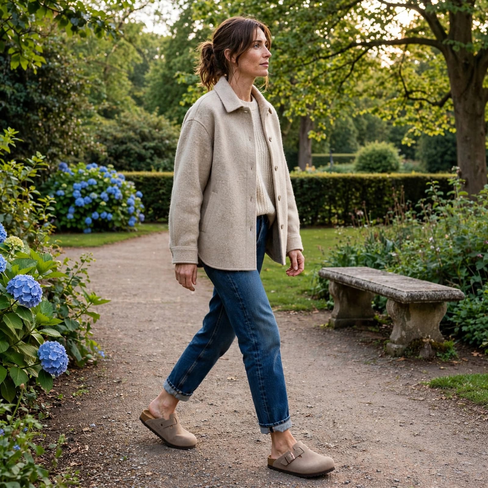 A woman walks on a park path wearing neutral clogs, blue jeans, and a light jacket.