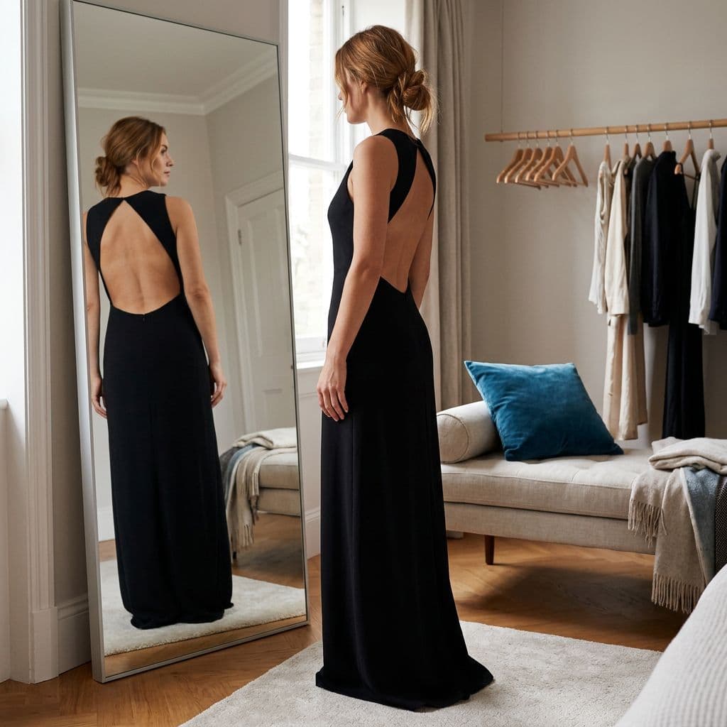 A woman in a black backless dress looking at her reflection in a full-length mirror.