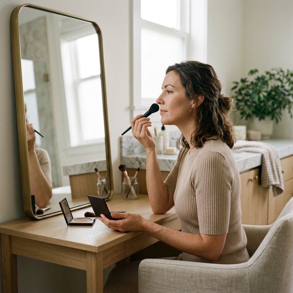A woman applies makeup in front of a dressing mirror.