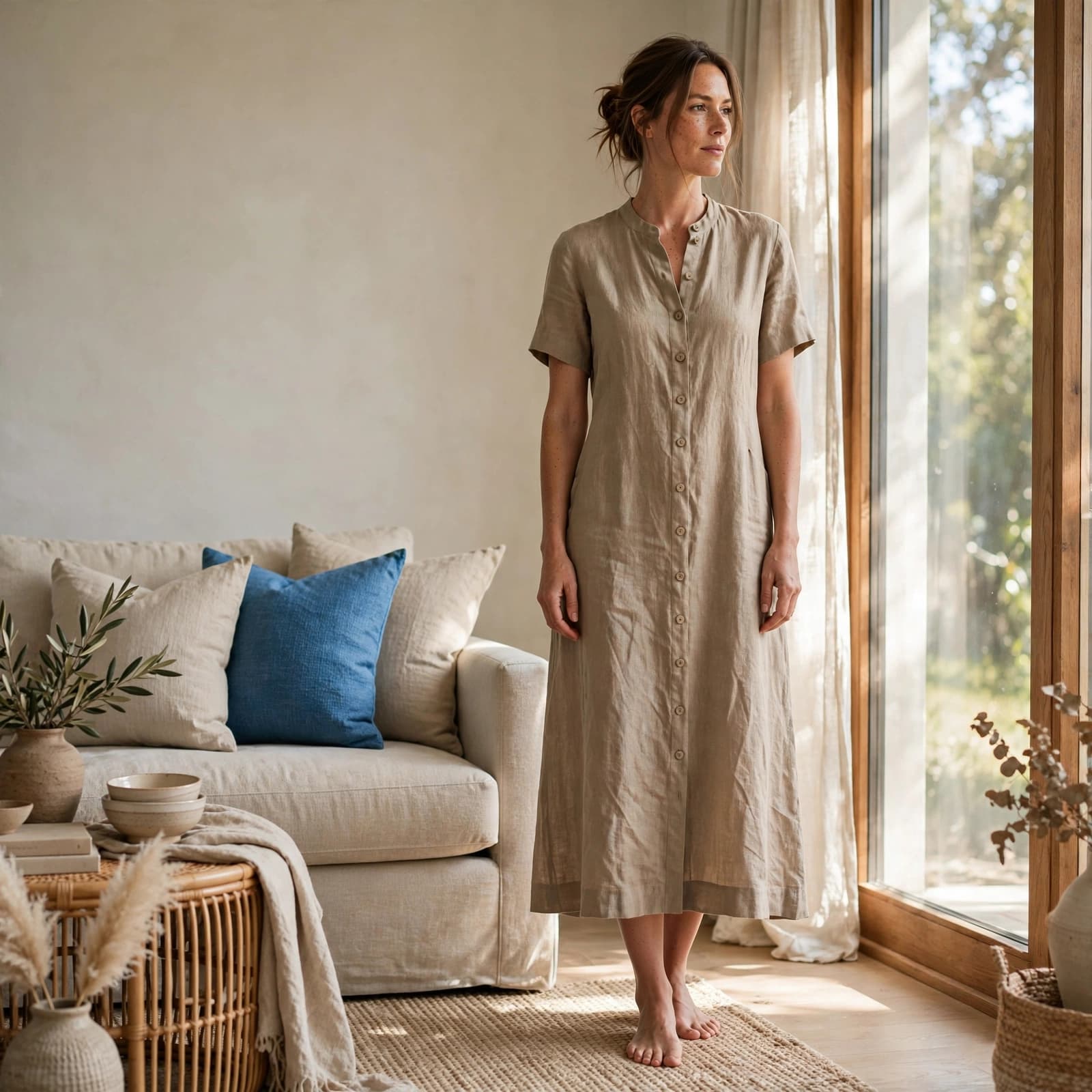 Linen Dress Buying Guide: Fit, Fabric and Value 2 A woman in a linen dress stands beside a sunny window in a neutral living room.