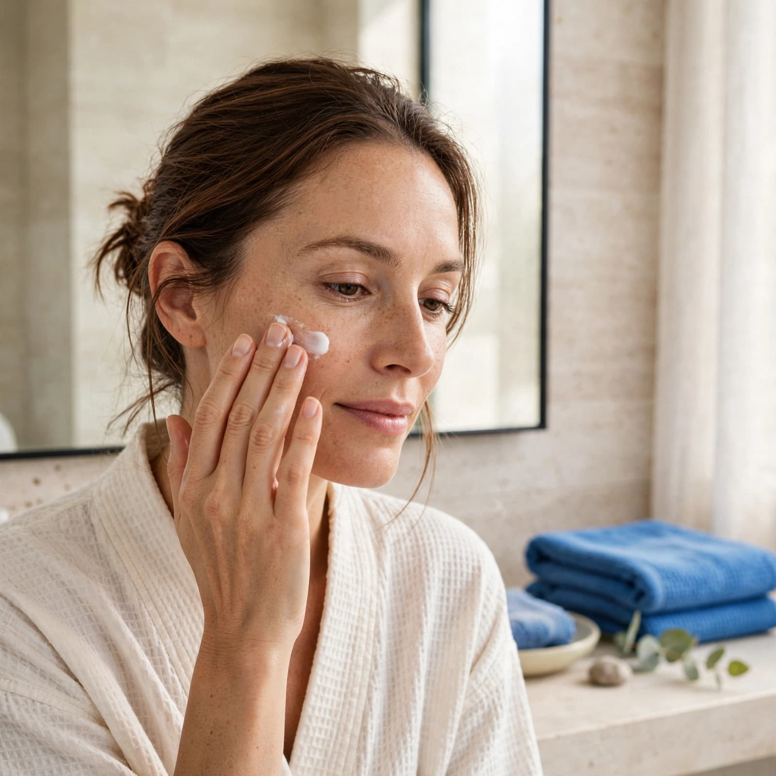 Face Moisturiser Buying Guide: Choose for Your Skin 1 A woman applies face moisturiser to her cheek in a modern bathroom with blue towels.