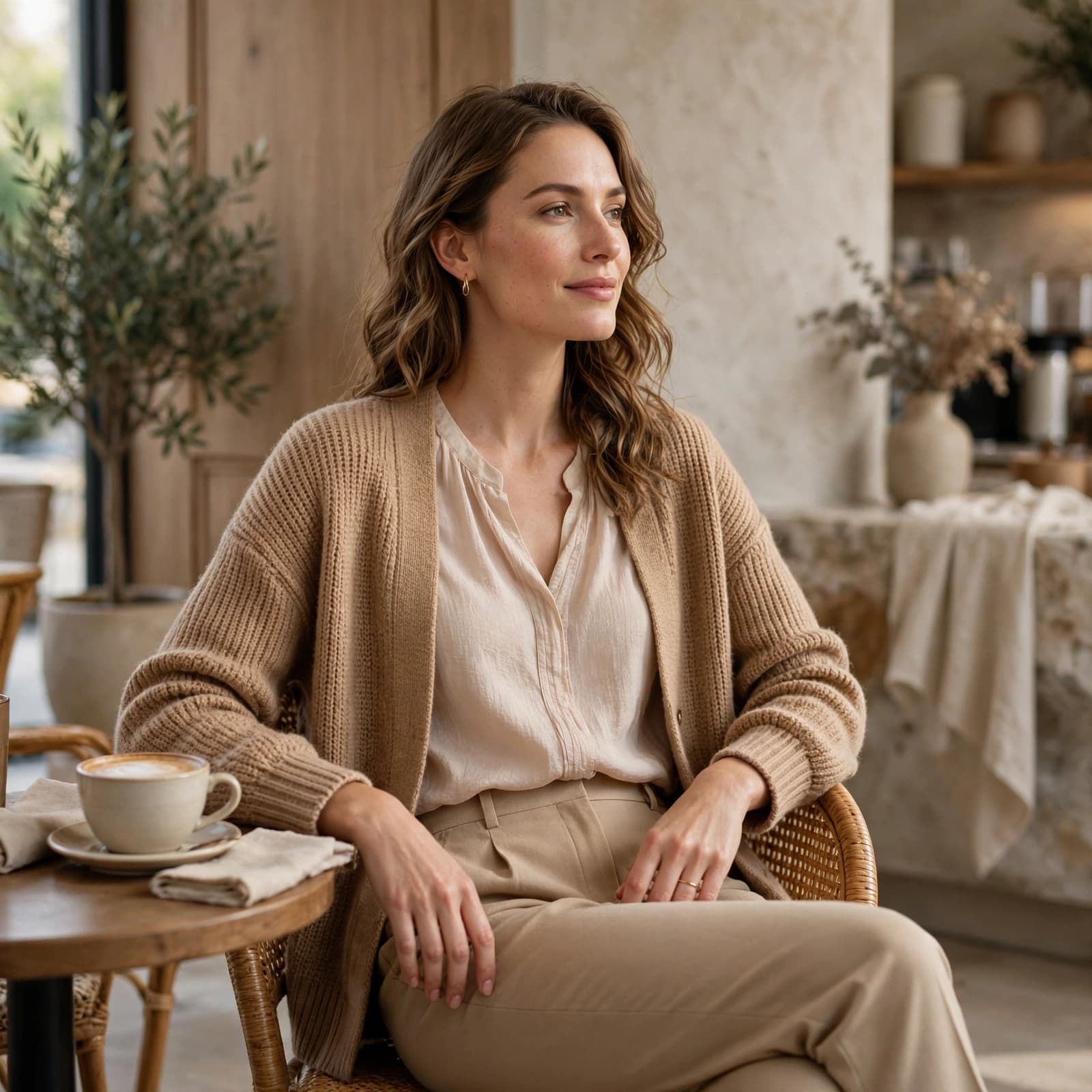 A woman sits relaxed in a café with a cup of coffee on the table.