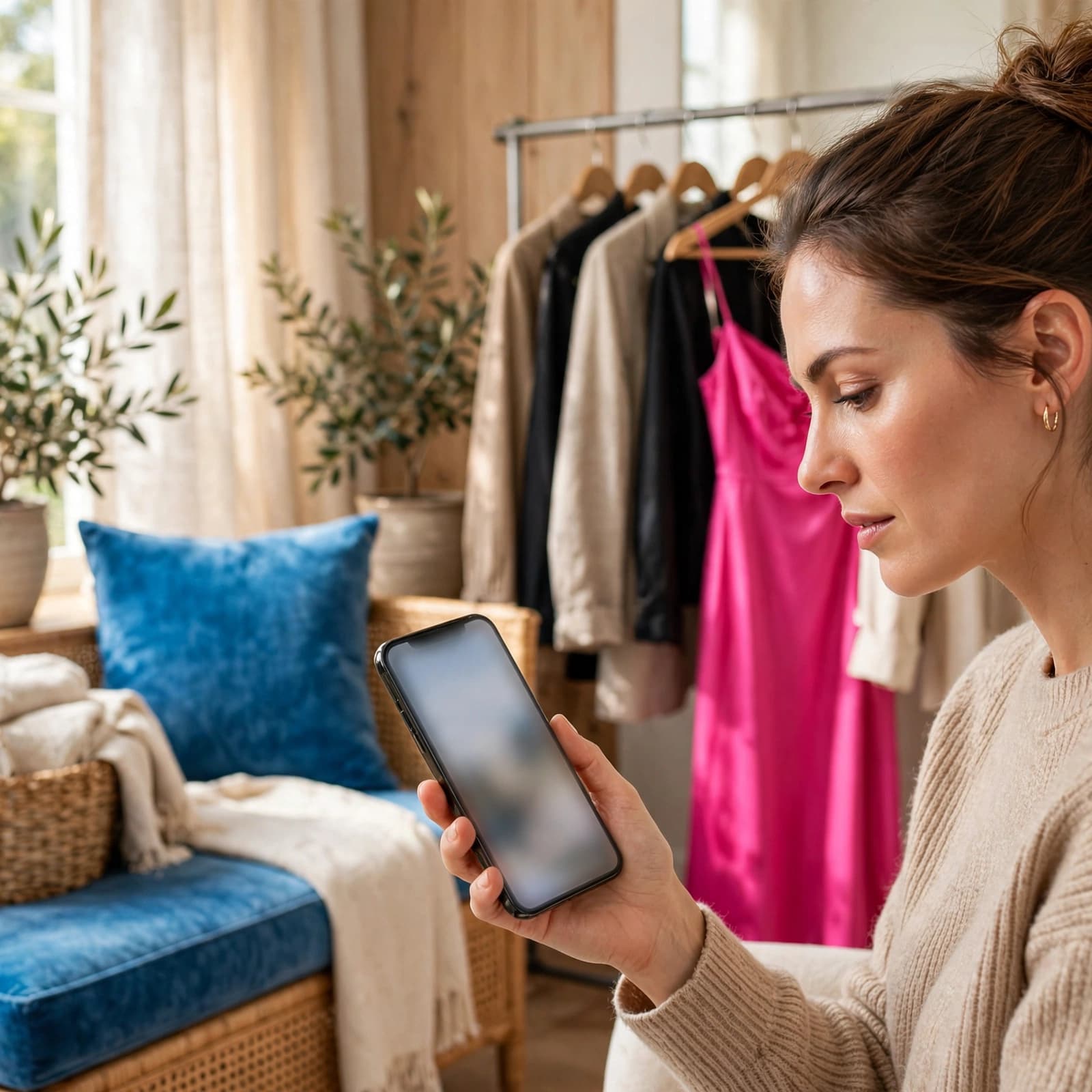 A woman holding a smartphone with a blurred screen in a bright dressing area with clothes on a rack.