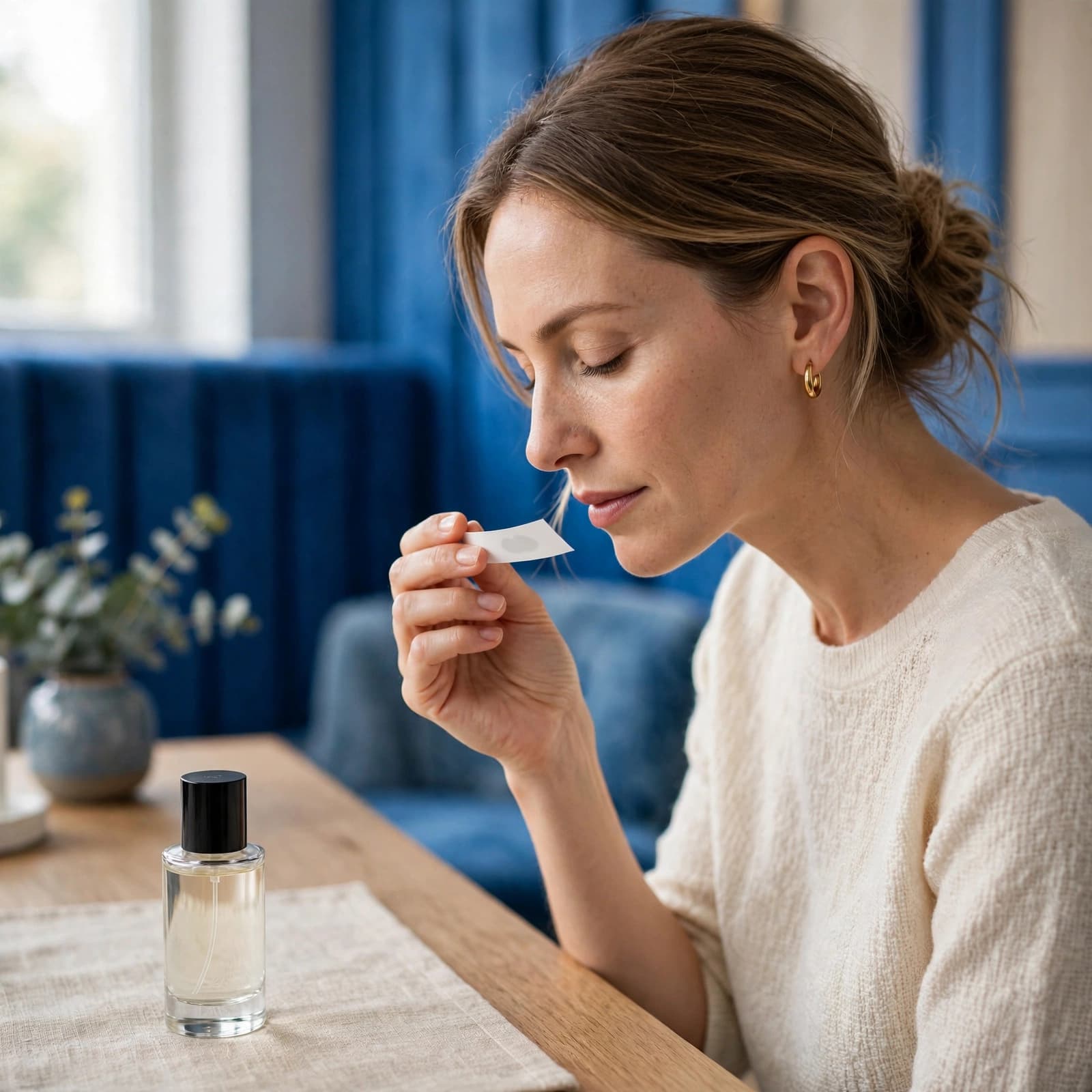 A woman smells a paper blotter while a perfume bottle sits on the table.