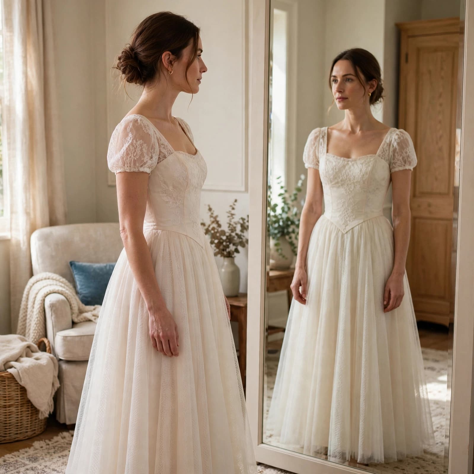 Princess Dress Buying Guide: Fit, Fabric and Value 3 A woman in a white princess-style dress looks at her reflection in a full-length mirror.