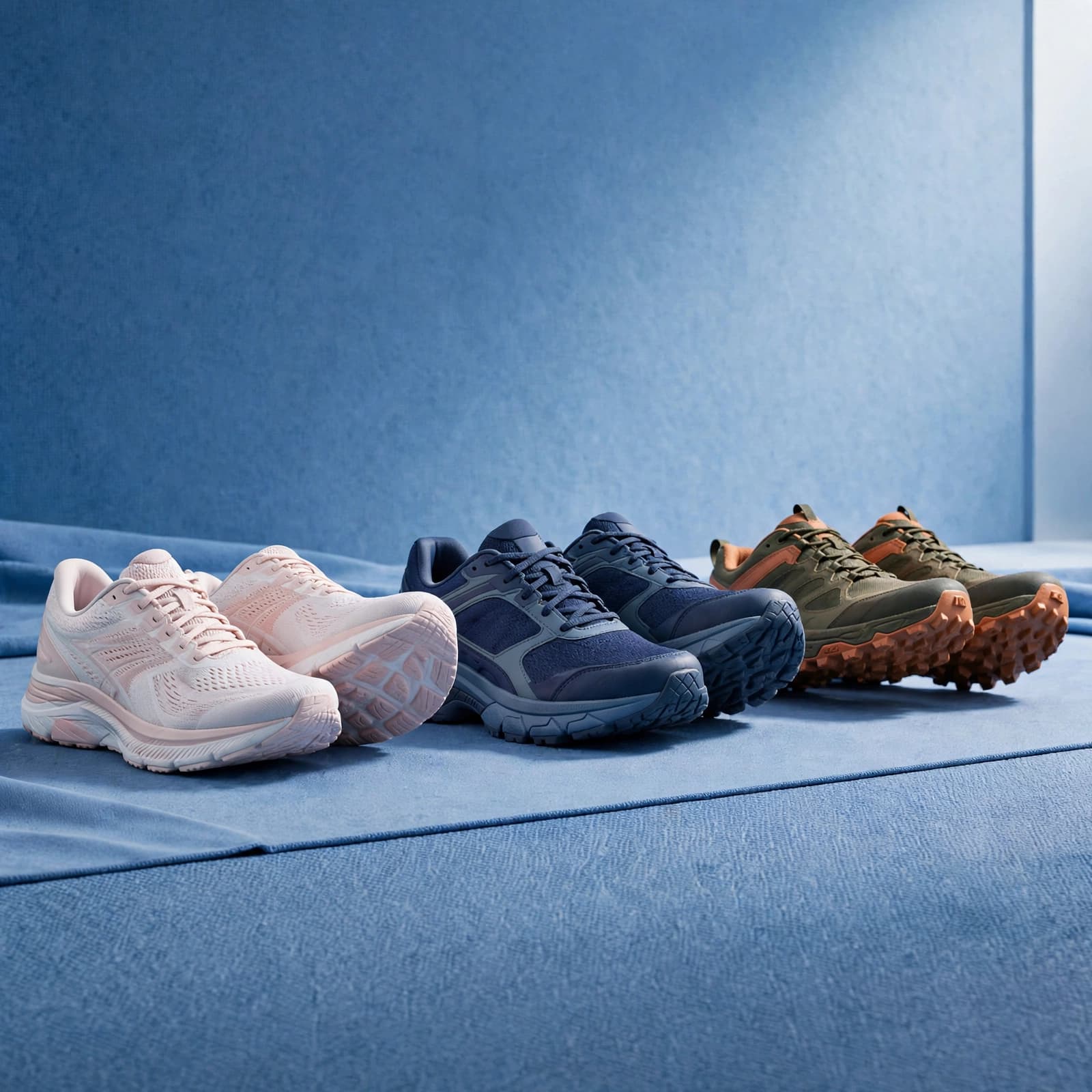 Women's Trainers: A UK Buyer's Guide to Fit and Value 1 Three pairs of women's trainers show cushioned, stable, and rugged soles.