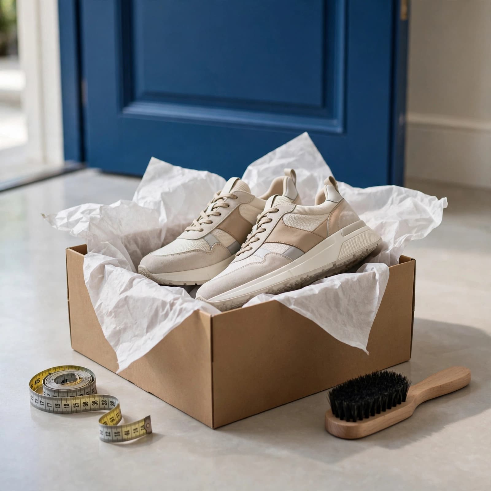 Women's Trainers: A UK Buyer's Guide to Fit and Value 3 Women's trainers in a tissue-lined box with a measuring tape and shoe brush nearby.